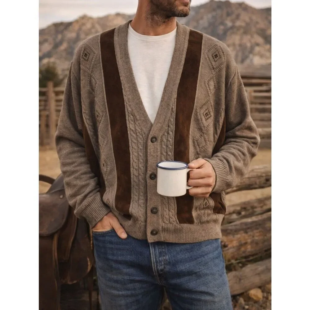 Italian Wool Leather Panel Cardigan Western Ranch Vintage Norm Thompson